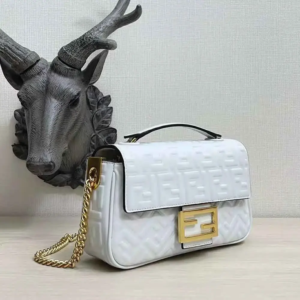 Baguette Chain Midi Light gray leather bag - image 3