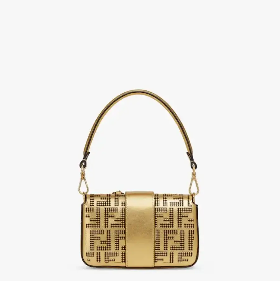 Brooch mini baguette :C Fendace bag in gold perforated leather - image 5