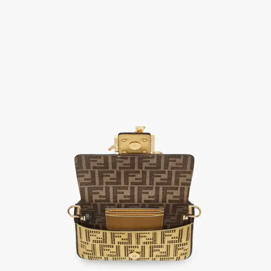 Brooch mini baguette :C Fendace bag in gold perforated leather - image 2