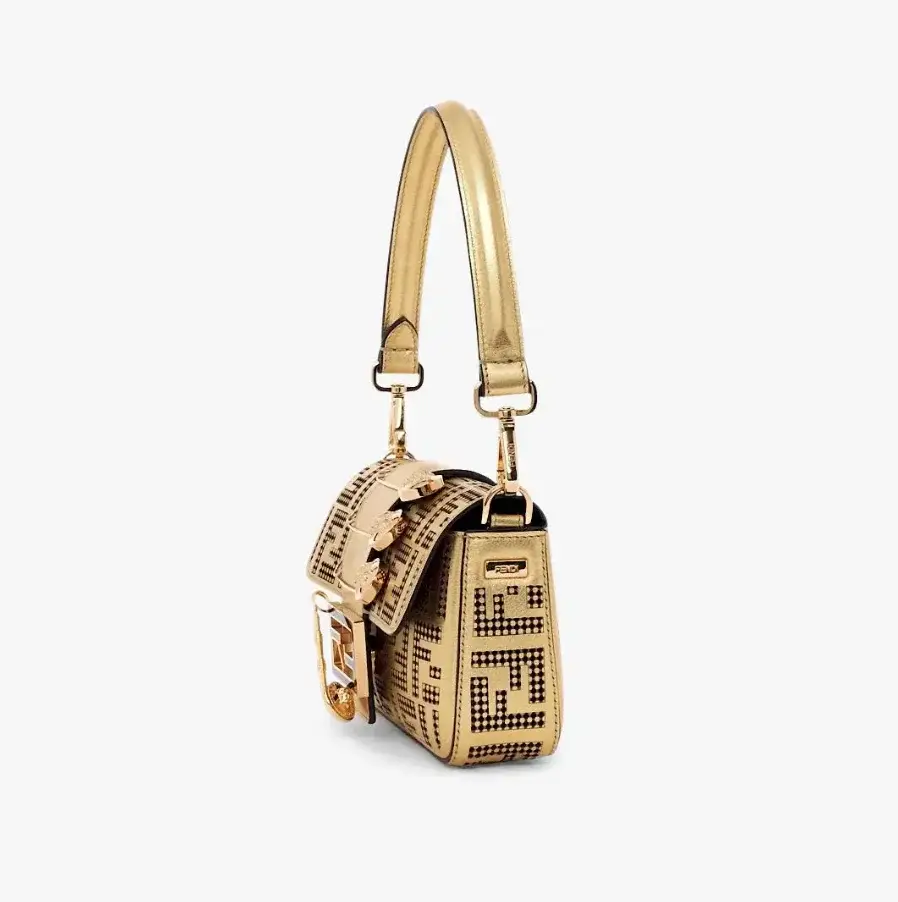 Brooch mini baguette :C Fendace bag in gold perforated leather - image 4