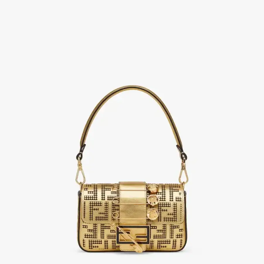 Brooch mini baguette :C Fendace bag in gold perforated leather - image 3