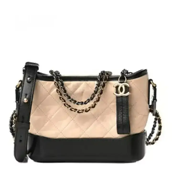CC Aged Calfskin Quilted Small Gabrielle Hobo Beige Black - image 1