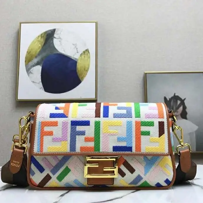 Fd Women Iconic Baguette Medium Size FF Beige Canvas Bag - image 1