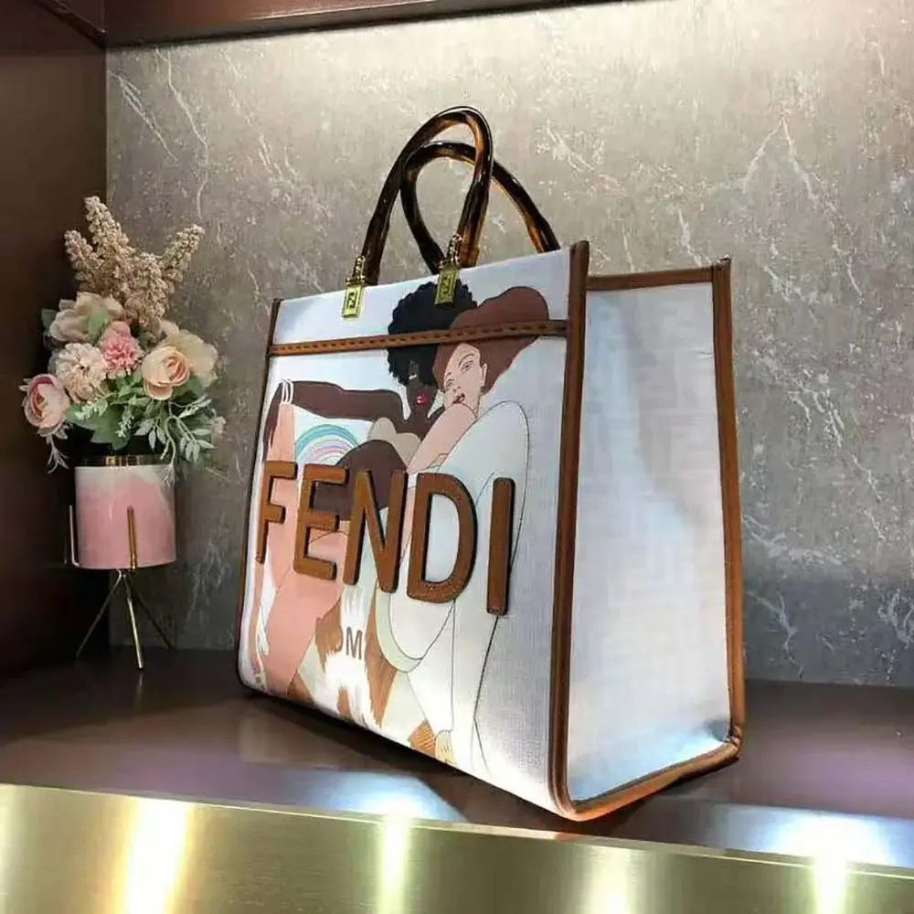 Fd Women Sunshine Medium FF white Glazed Fabric Shopper with Inlay - image 6