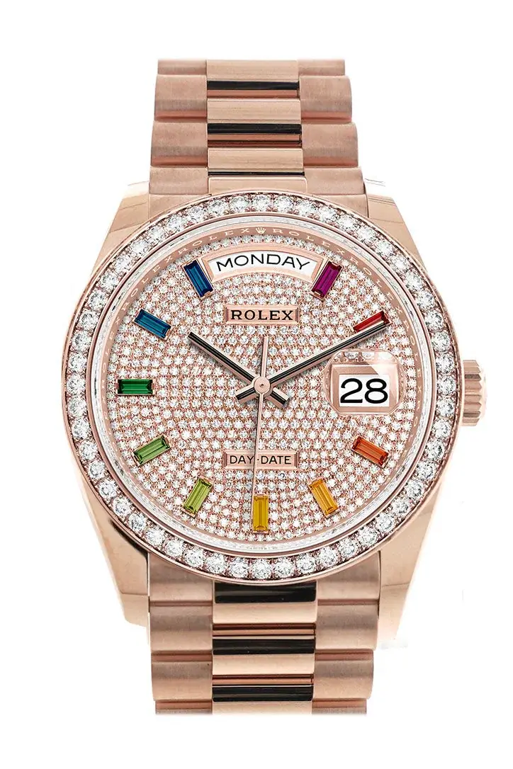 RLX Day-Date 36 Everose Diamond Bezel  Diamond Paved Rainbow Sapphire Dial President Bracelet Watch 128345RBR - image 1