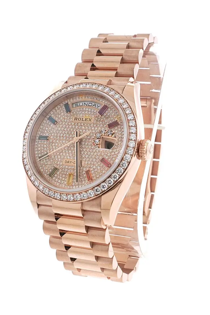 RLX Day-Date 36 Everose Diamond Bezel  Diamond Paved Rainbow Sapphire Dial President Bracelet Watch 128345RBR - image 3