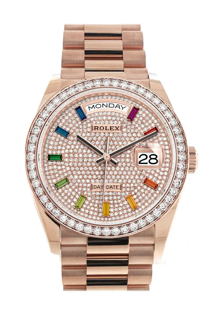 RLX Day-Date 36 Everose Diamond Bezel  Diamond Paved Rainbow Sapphire Dial President Bracelet Watch 128345RBR - image 2