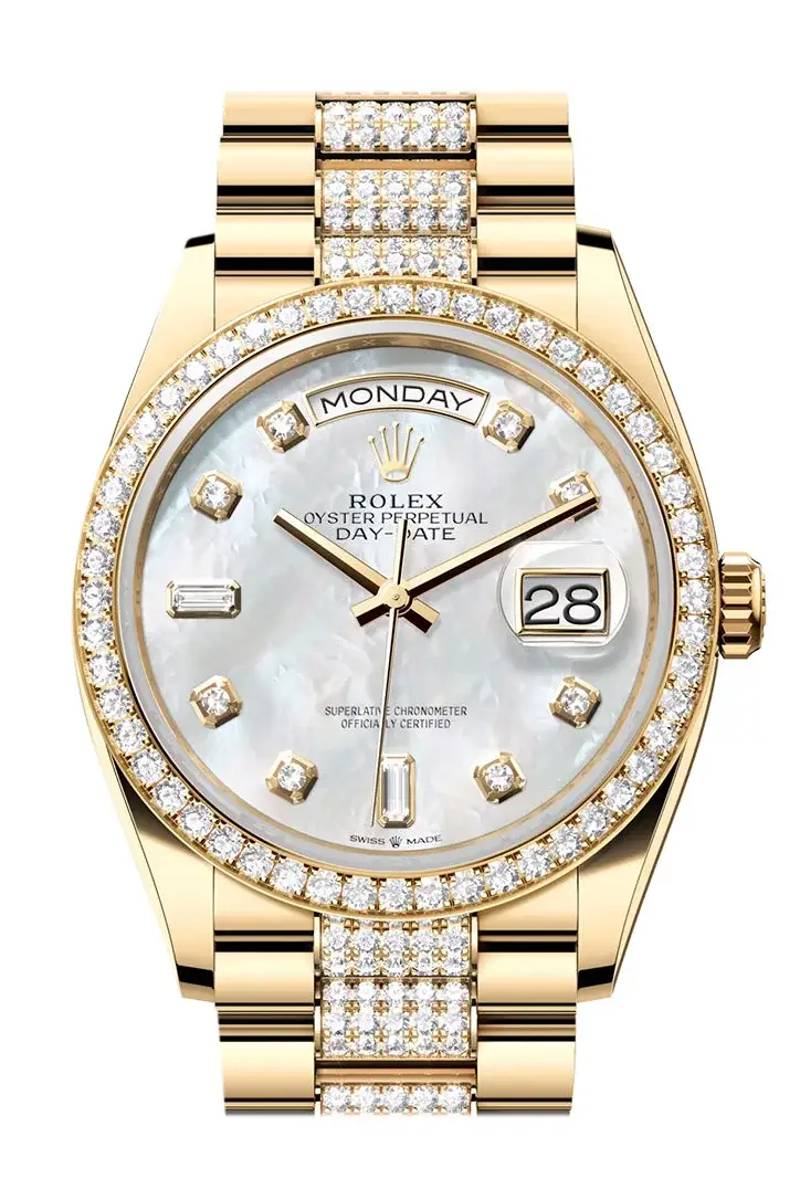 RLX Day-Date 36 Mother-of-Pearl Diamond Dial Gold Diamond Bezel Watch 128348RBR-0019 128348RBR - image 1