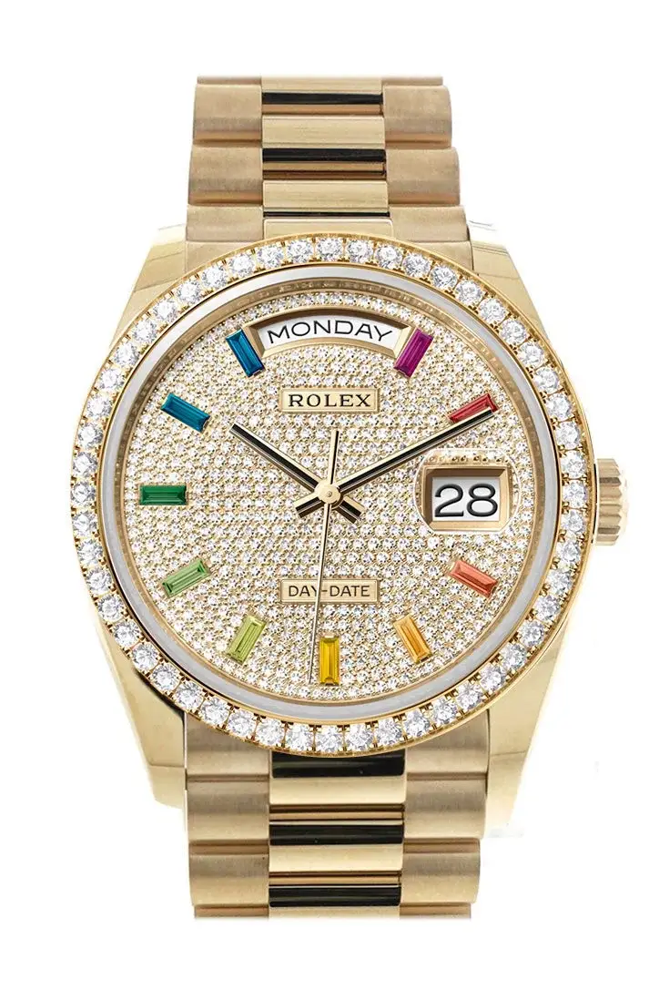 RLX Day-Date 36 Paved Rainbow Sapphire Dial Gold Diamond Bezel Diamond President Watch 128348RBR-0030 128348RBR - image 3