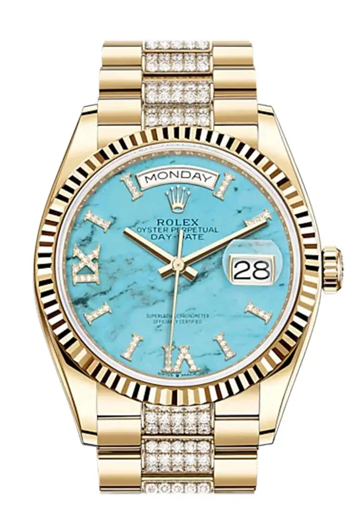 RLX Day-Date 36 Turquoise Dial 18K Yellow Gold Watch Diamond set president Bracelet 128238 - image 2