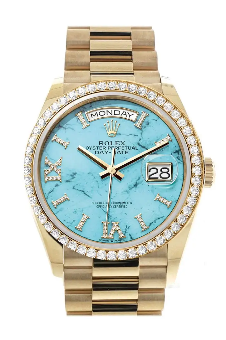 RLX Day-Date 36 Turquoise Dial Gold Diamond Bezel Watch 128348RBR-0037 128348RBR - image 1