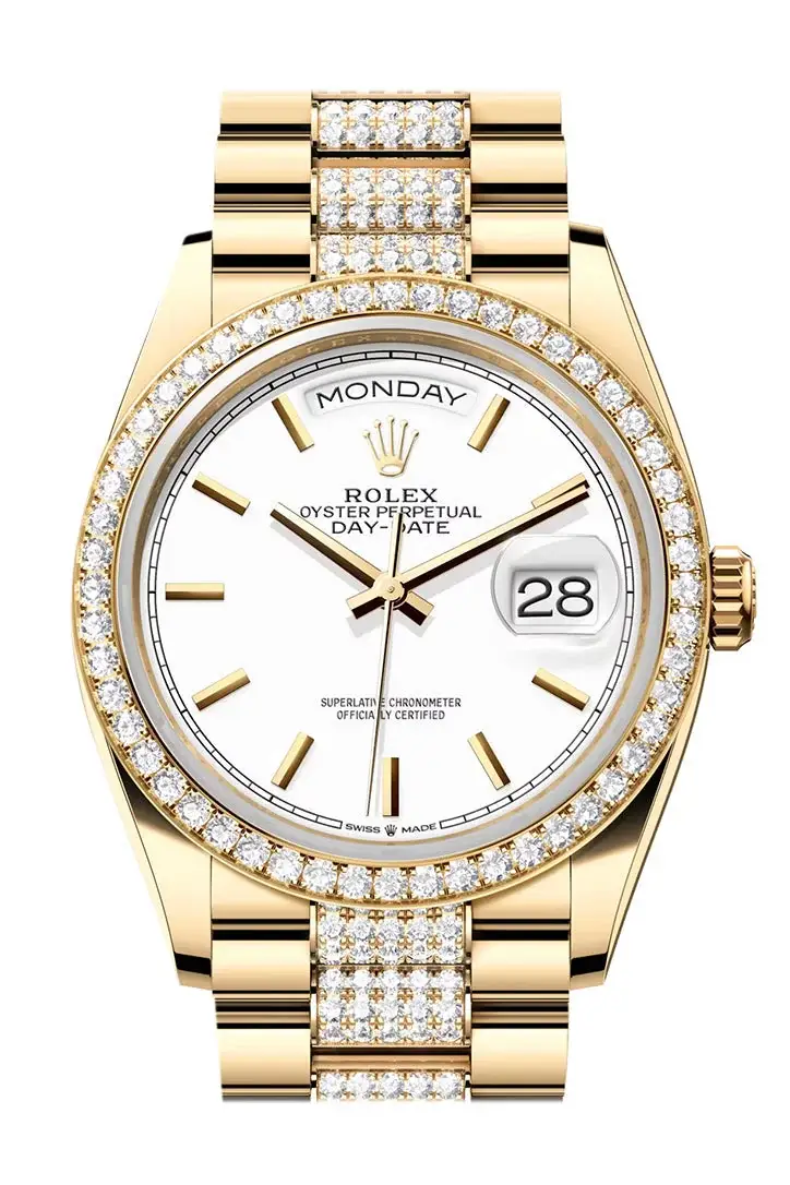 RLX Day-Date 36 White Dial Gold Diamond Bezel Watch 128348RBR-0048 128348RBR - image 1