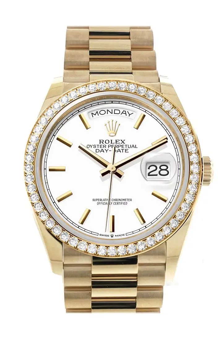 RLX Day-Date 36 White Dial Gold Diamond Bezel Watch 128348RBR-0047 128348RBR - image 1