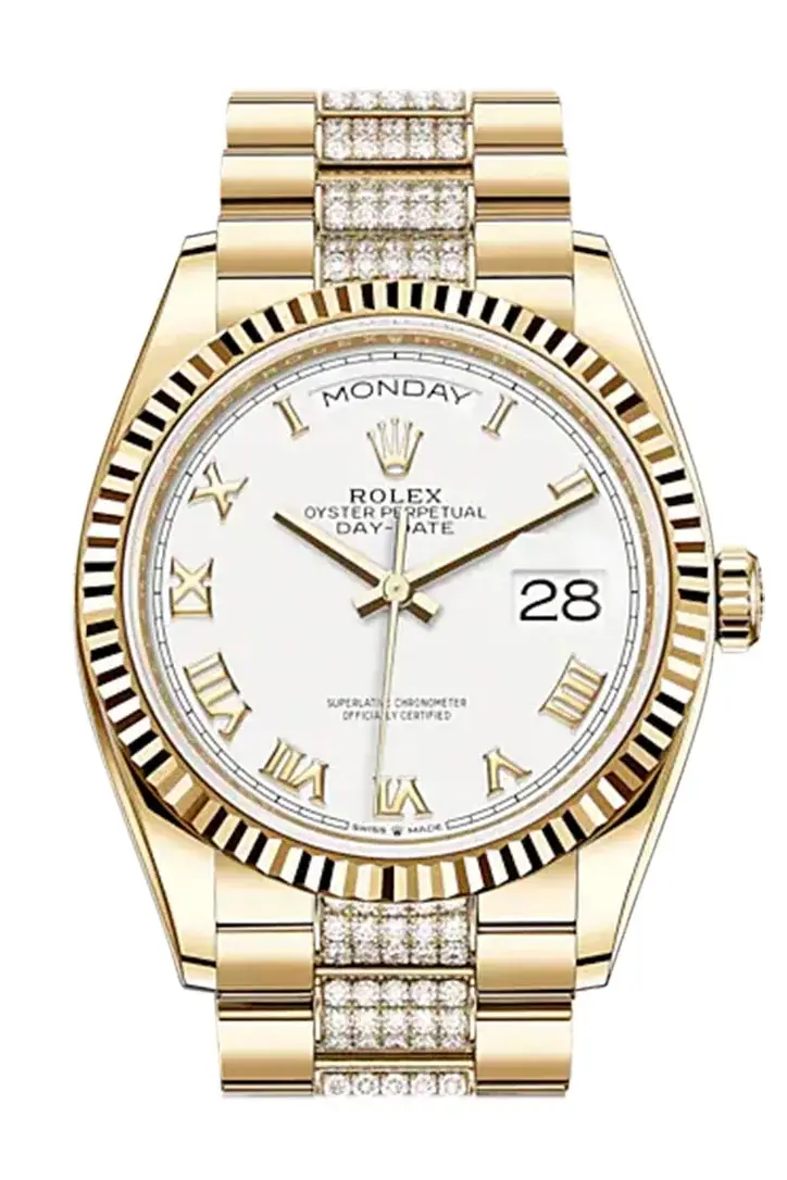 RLX Day-Date 36 White Roman Dial 18K Yellow Gold Watch Diamond set president Bracelet 128238 - image 1