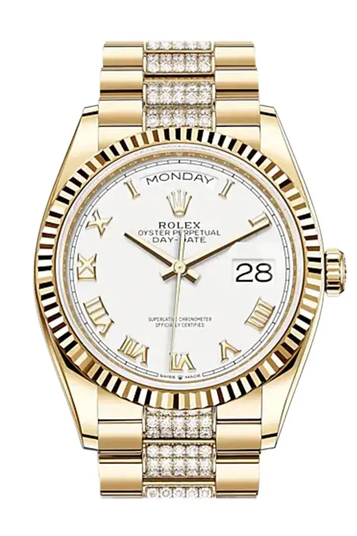 RLX Day-Date 36 White Roman Dial 18K Yellow Gold Watch Diamond set president Bracelet 128238 - image 2