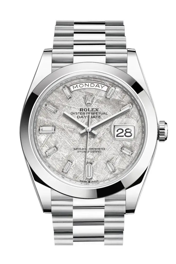 RLX Day-Date 40 Meteorite Baguette Diamond Dial Dial Dome Bezel Platinum President Automatic Men’s Watch 228206 - image 1