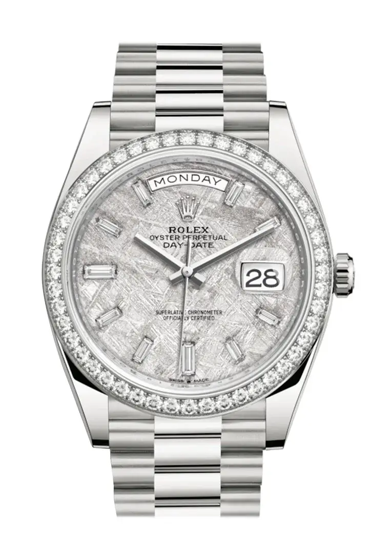 RLX Day-Date 40 Meteorite Baguette Diamond Dial Diamond Bezel White Gold President Automatic Men’s Watch 228349RBR 228349 - image 1