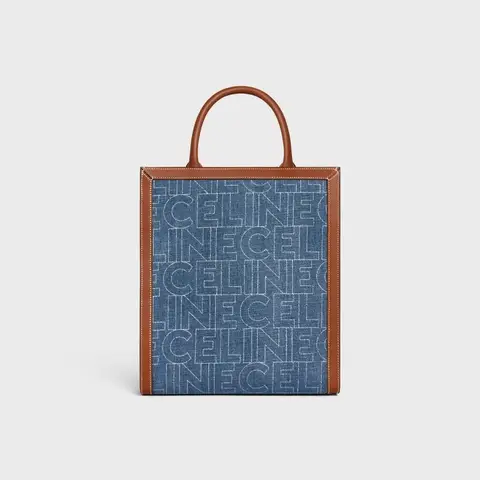 SMALL VERTICAL CABAS CE IN DENIM WITH CE ALL-OVER PRINT NAVY / TAN - image 1