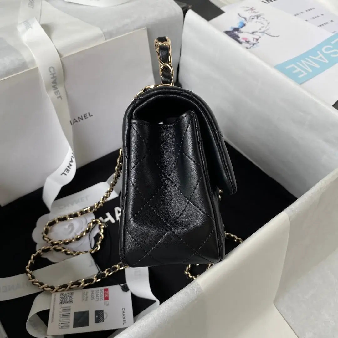 cc 23K AS2431 Mini flap Lambskin bag with top handle Black/white - image 5