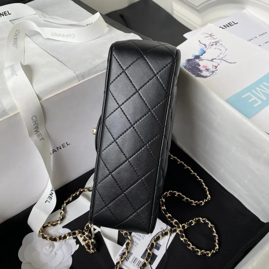 cc 23K AS2431 Mini flap Lambskin bag with top handle Black/white - image 6