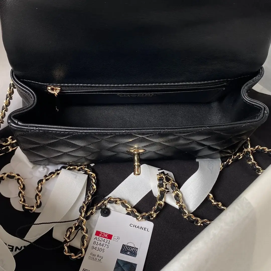 cc 23K AS2431 Mini flap Lambskin bag with top handle Black/white - image 7