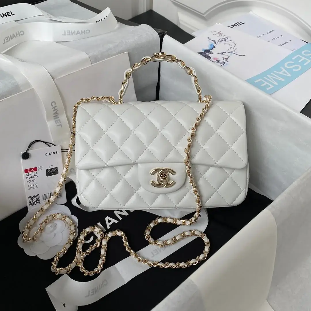 cc 23K AS2431 Mini flap Lambskin bag with top handle Black/white - image 9