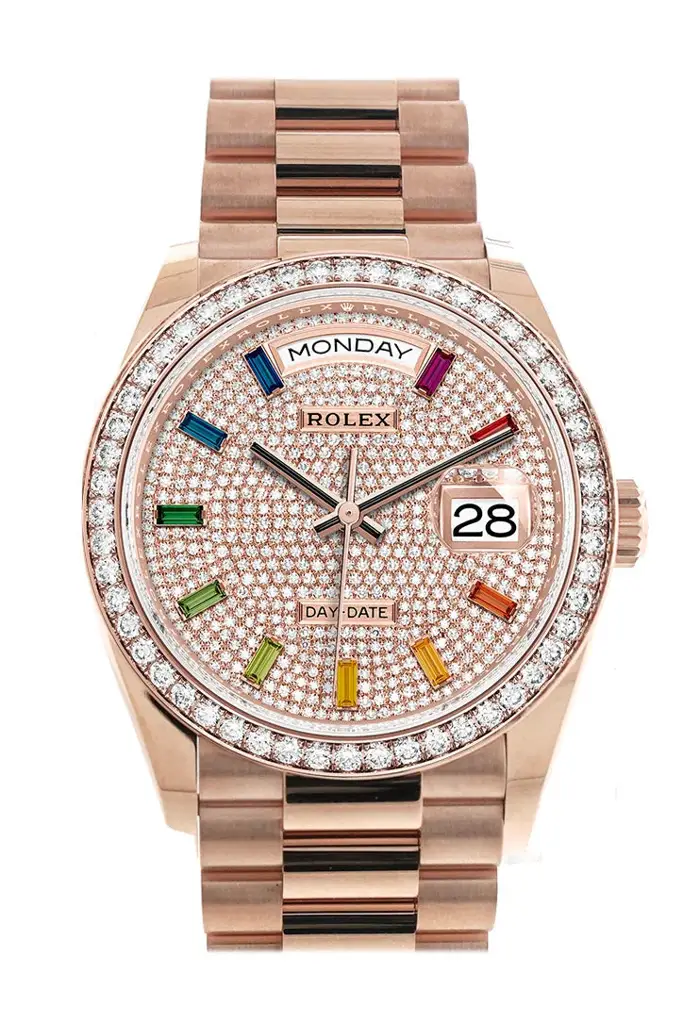RLX Day-Date 36 Everose Diamond Bezel  Diamond Paved Rainbow Sapphire Dial President Bracelet Watch 128345RBR - image 1