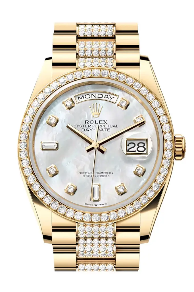 RLX Day-Date 36 Mother-of-Pearl Diamond Dial Gold Diamond Bezel Watch 128348RBR-0019 128348RBR - image 1