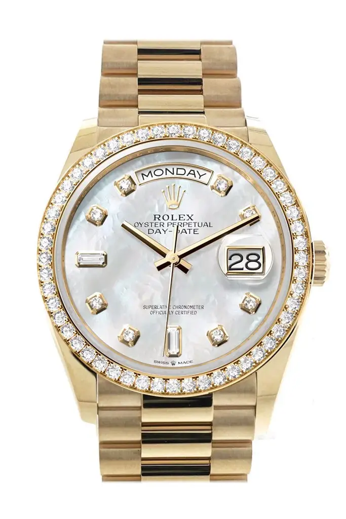 RLX Day-Date 36 Mother of Pearl  Dial Gold Diamond Bezel Watch 128348RBR-0017 128348RBR - image 1