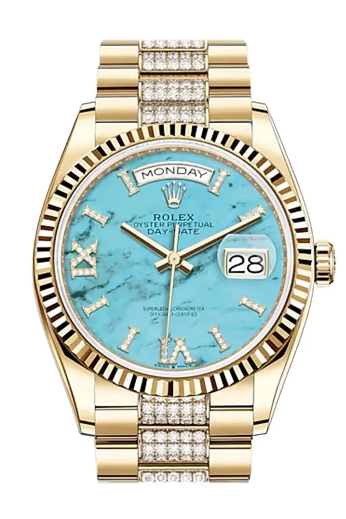 RLX Day-Date 36 Turquoise Dial 18K Yellow Gold Watch Diamond set president Bracelet 128238 - image 1