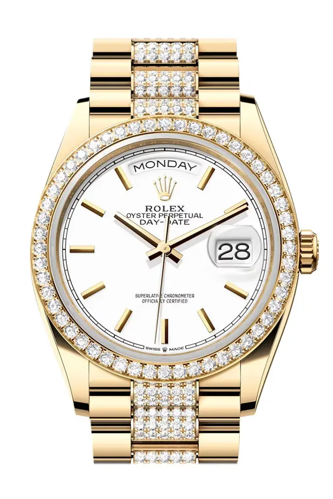 RLX Day-Date 36 White Dial Gold Diamond Bezel Watch 128348RBR-0048 128348RBR - image 1
