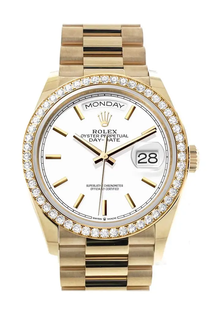 RLX Day-Date 36 White Dial Gold Diamond Bezel Watch 128348RBR-0047 128348RBR - image 1