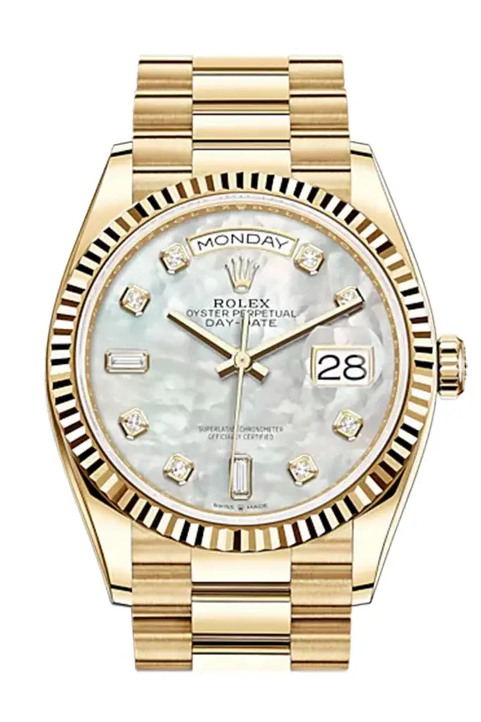 RLX Day-Date 36 White Mother of Pearl Diamond Dial 18K Yellow Gold Watch 128238 - image 1