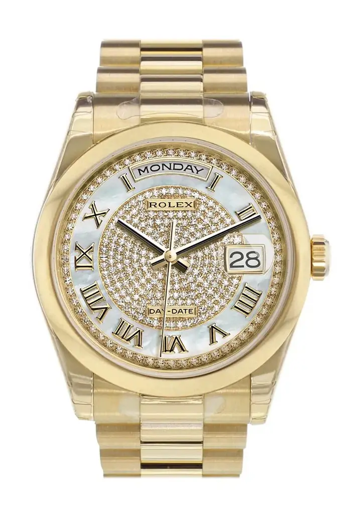 RLX Day-Date 36 White mother of pearl Diamonds paved Dial President Yellow Gold Watch 118208 - image 1