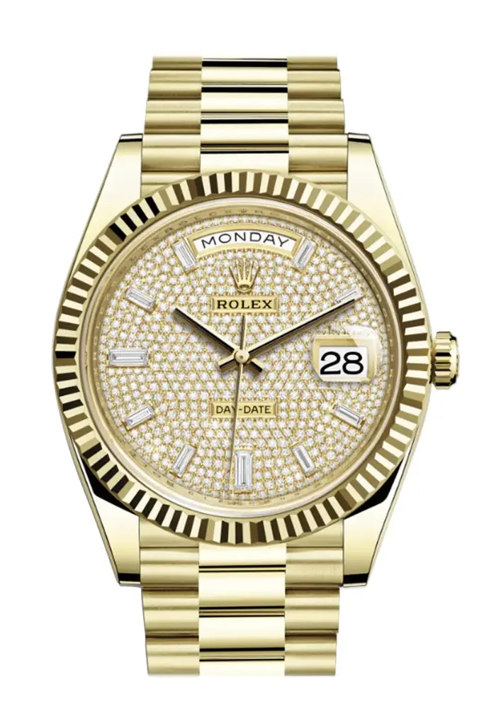 RLX Day-Date 40 Diamond Paved 10 Baguette Diamond Dial 18K Yellow Gold President Men’s Watch 228238 - image 1