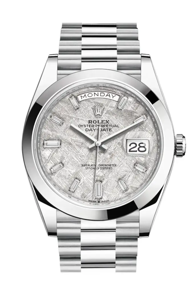 RLX Day-Date 40 Meteorite Baguette Diamond Dial Dial Dome Bezel Platinum President Automatic Men’s Watch 228206 - image 1
