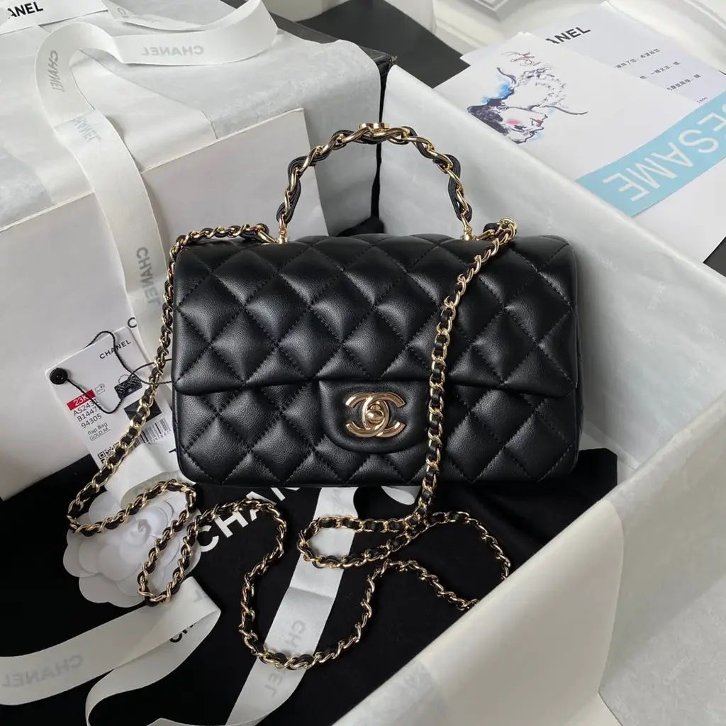 cc 23K AS2431 Mini flap Lambskin bag with top handle Black/white - image 1